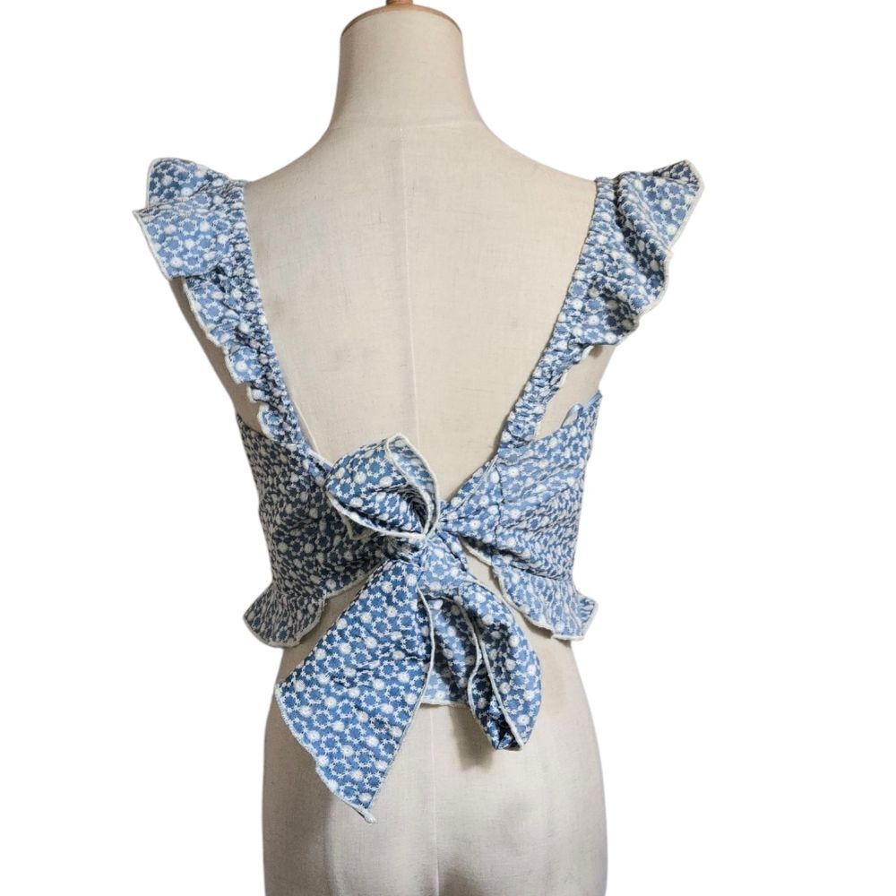 Kirious Floral Blue Ruffle Tie Back Top
